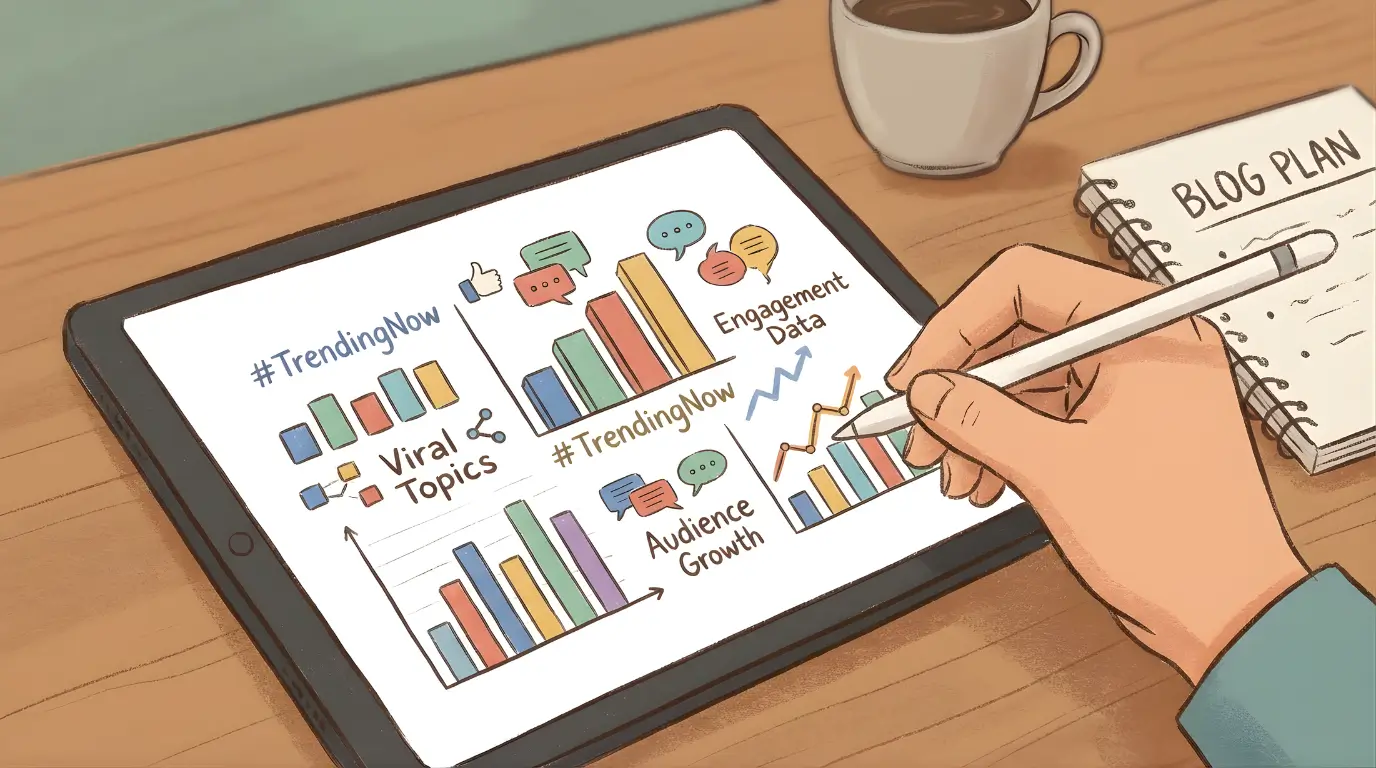Blogger analyzing trending topics with charts and social media data
