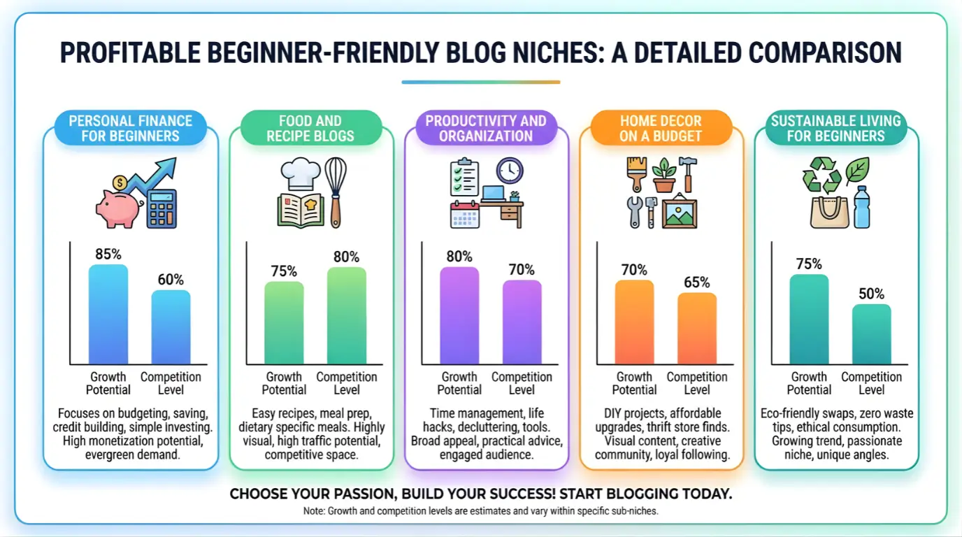 Comparison of beginner-friendly profitable blog niches