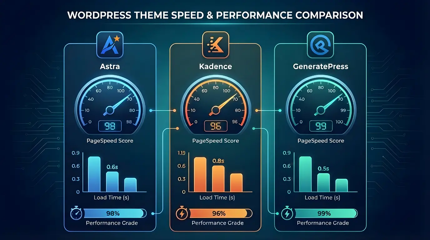 Comparison of lightweight WordPress themes showing speed metrics