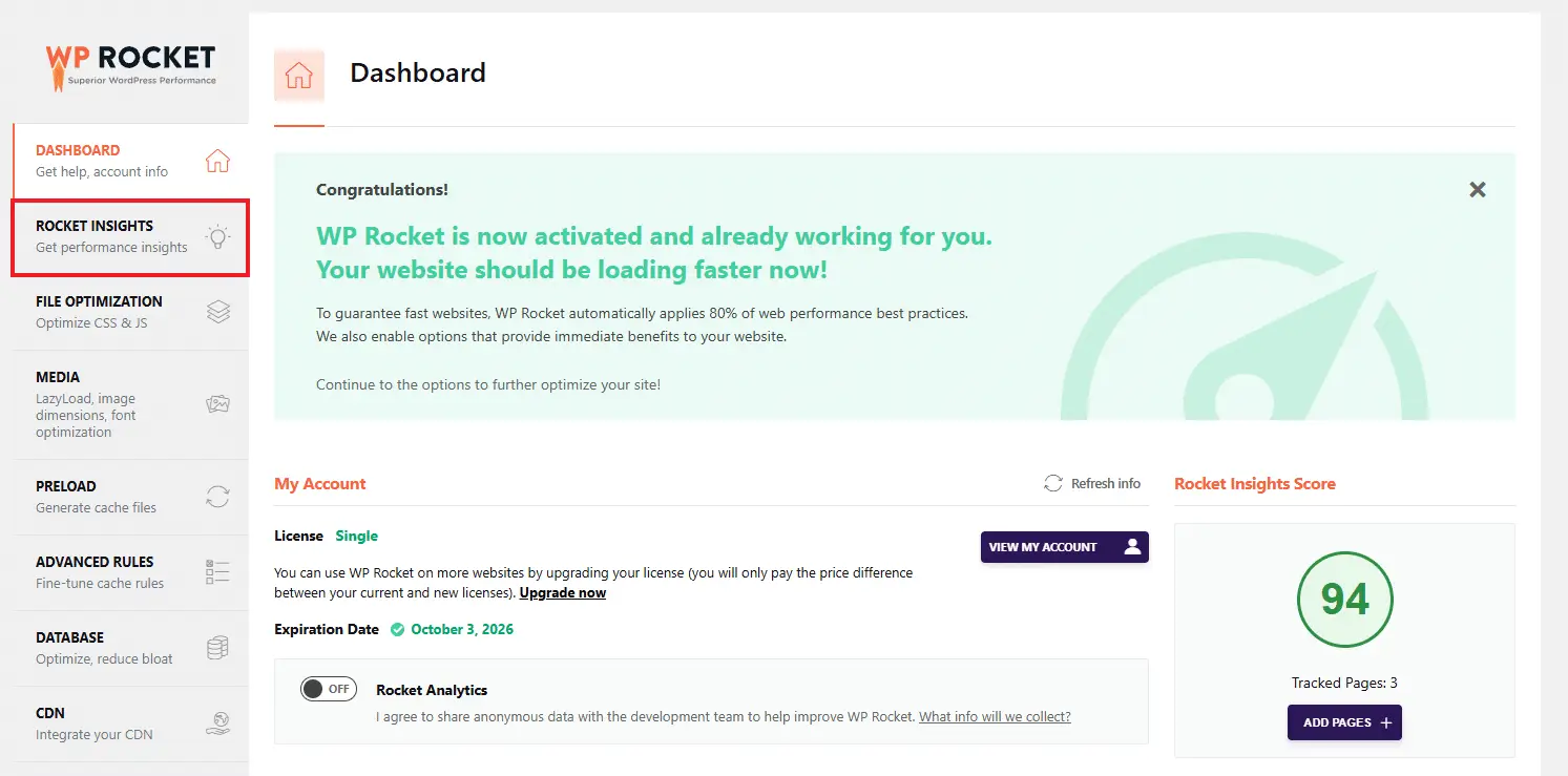 New WP Rocket Dashboard