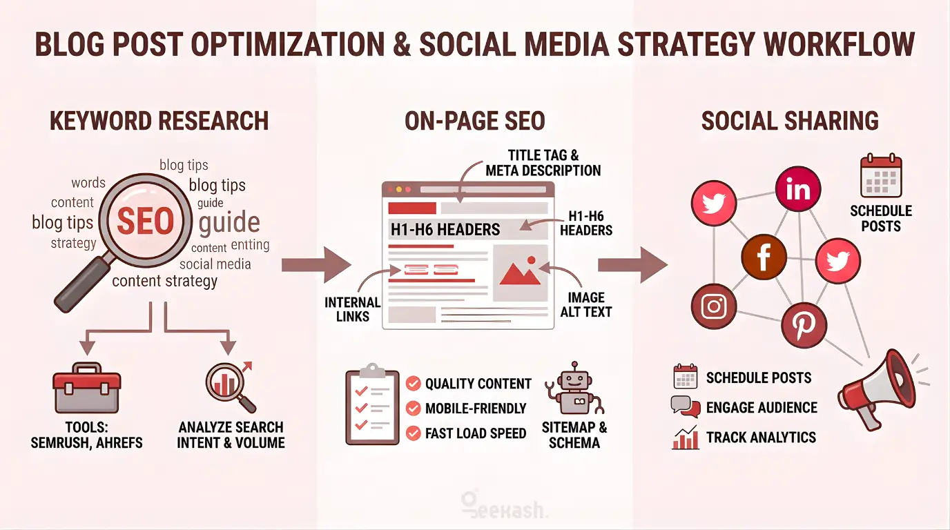 SEO optimization techniques for blog posts with keyword research and social sharing strategies