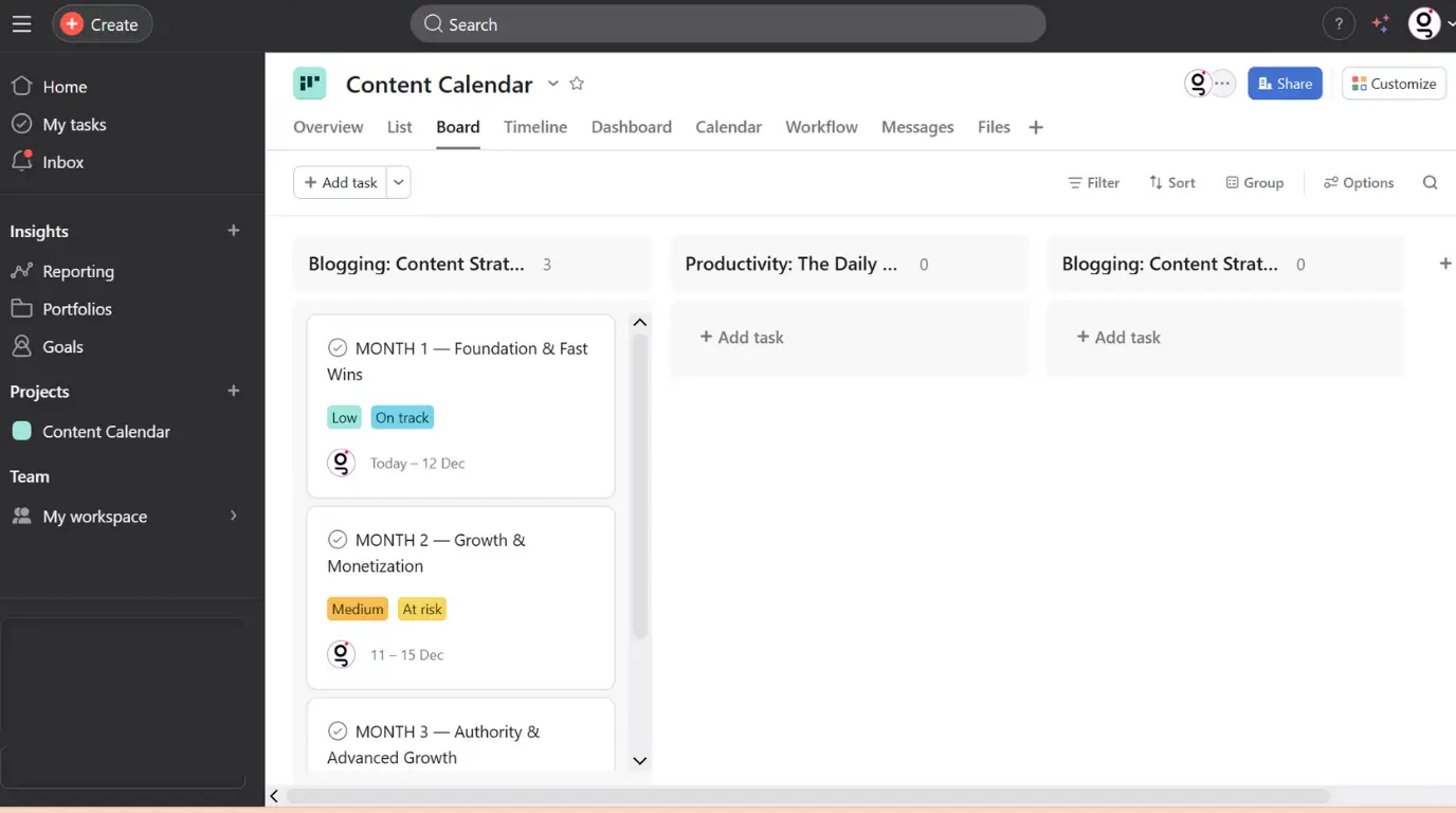 Asana dashboard showing task management