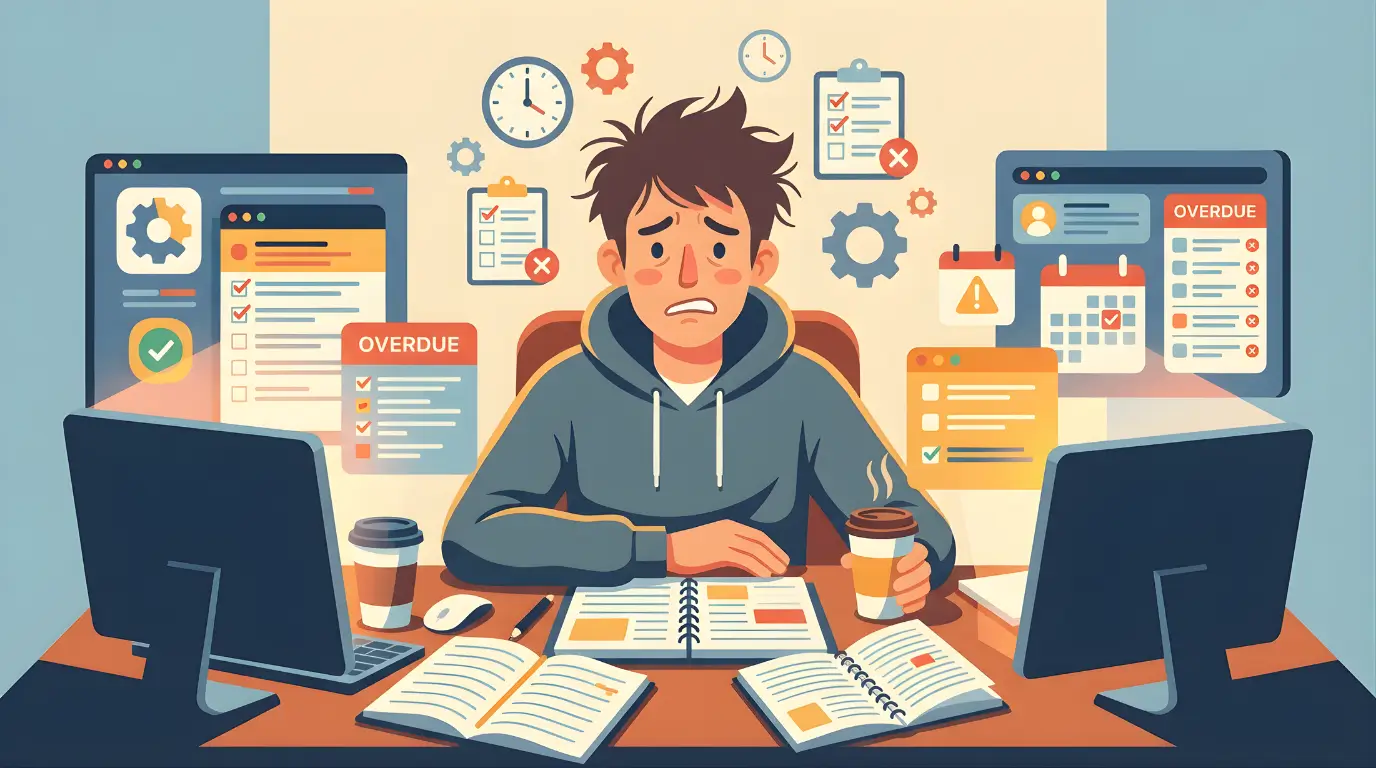 Entrepreneur struggling with multiple tasks and deadlines